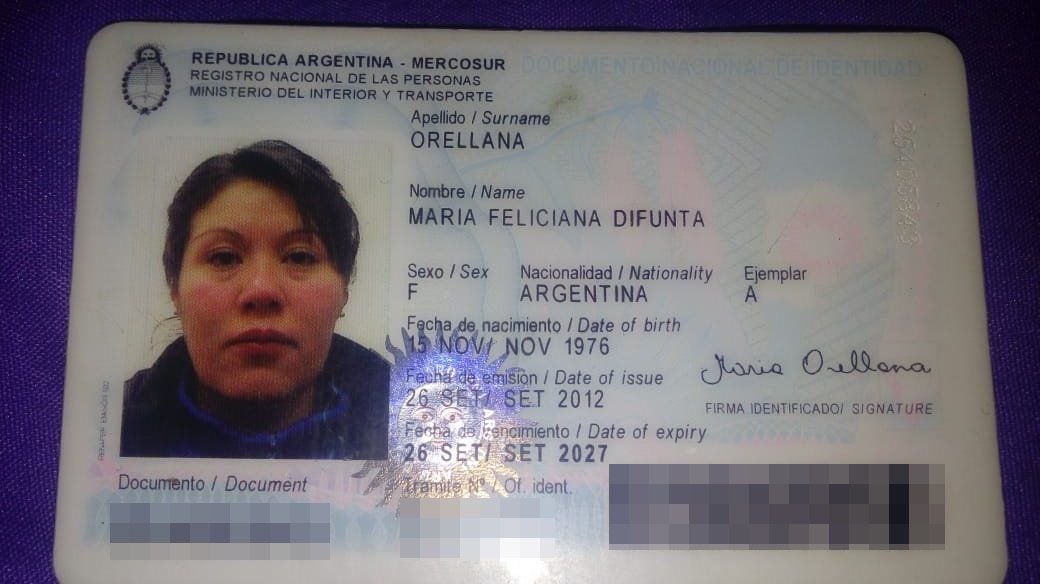 DNI de la vecina de Lomas de Zamora. Tiene como tercer nombre 