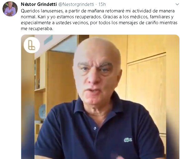 As&iacute; comunicaba el intendente de Lan&uacute;s su recuperaci&oacute;n del Covid-19