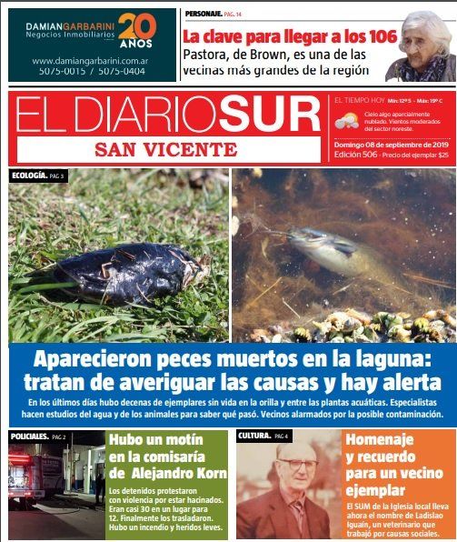 El tema, que generó gran preocupación, en la tapa de la edición impresa de El Diario Sur del 8 de septiembre de 2019.