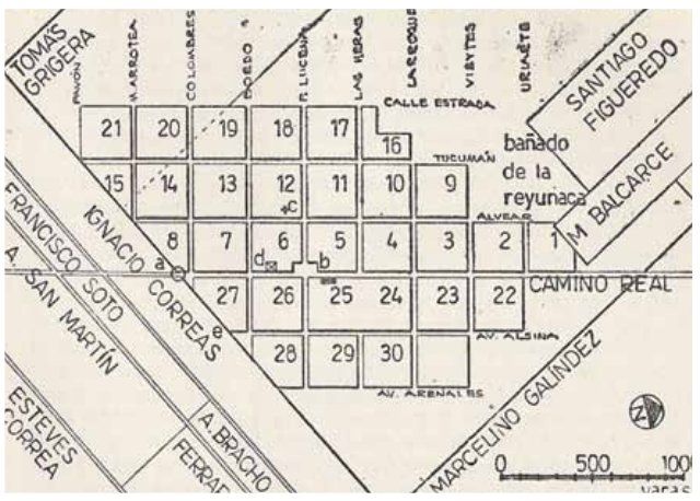 El origen de Lomas de Zamora: as&iacute; fue el primer reparto de chacras que hizo Tom&aacute;s Grigera en 1821. (Esquema de Alberto S. J. De Paula)
