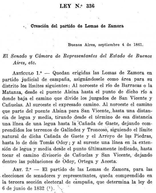 Ley 336: creaci&oacute;n del partido de Lomas de Zamora.