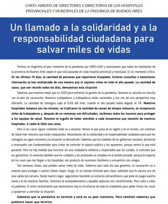 Directores de hospitales de la Provincia alertan por el 