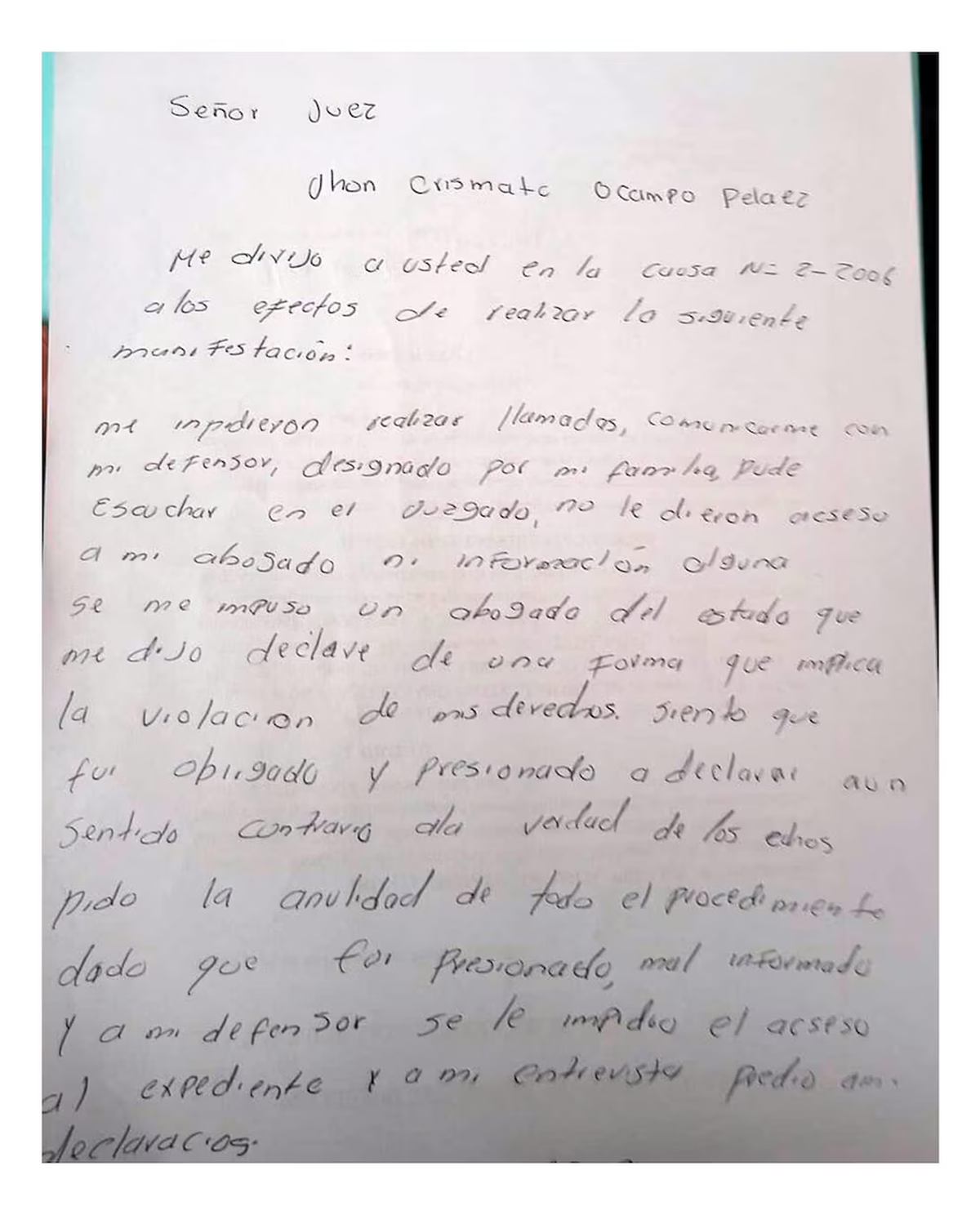 La carta que escribió el joven detenido. (Foto: Infobae)