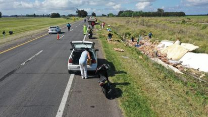 Volcó un camión que trasladaba pollos en la Ruta 2 y la gente lo saqueó