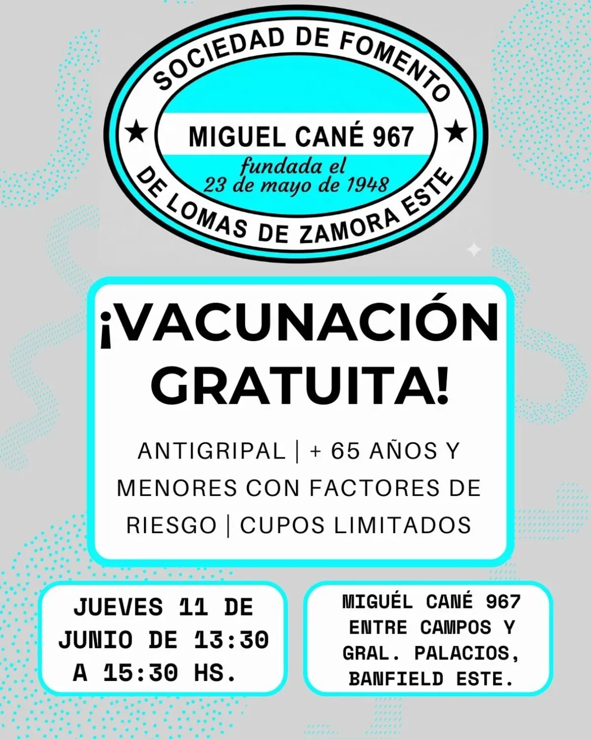La jornada de vacunación antigripal se realizará en la sede de la Sociedad de Fomento Miguel Cané, en Banfield. La jornada de vacunación antigripal se realizará en la sede de la Sociedad de Fomento Miguel Cané, en Banfield.