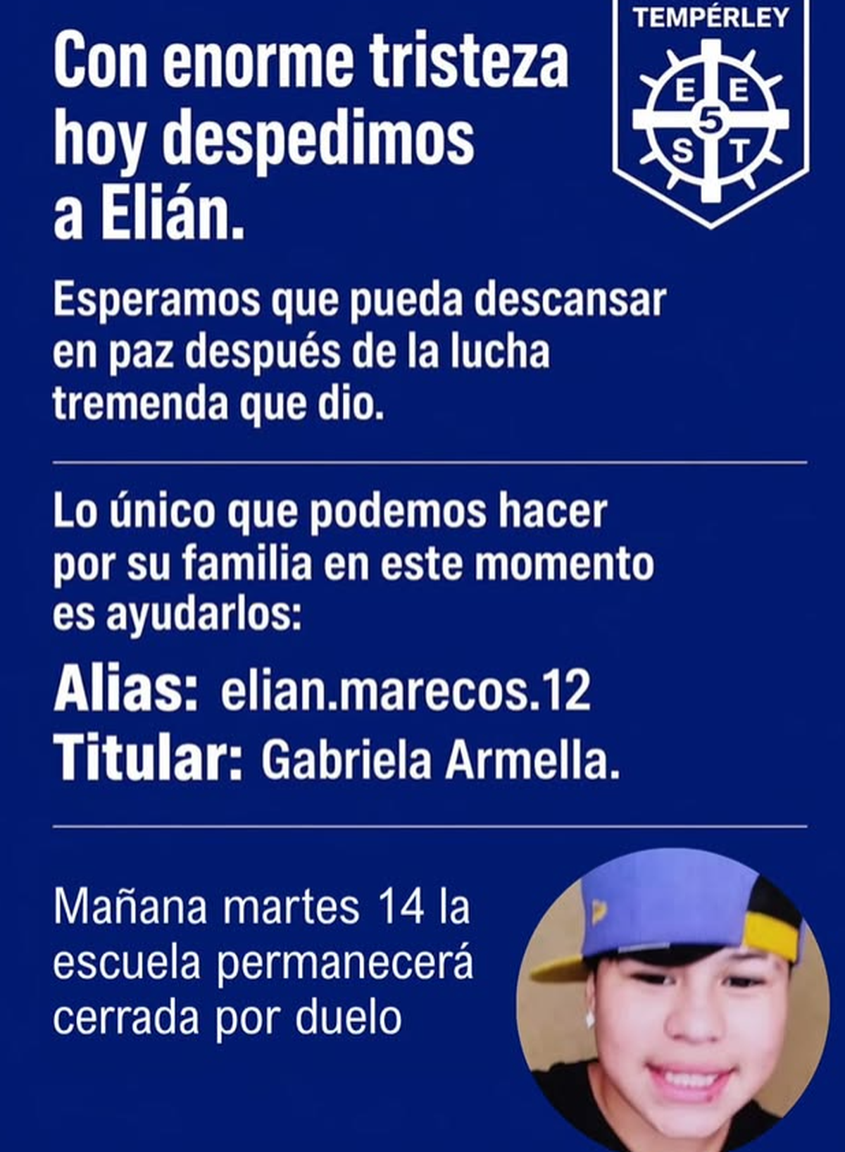 La Técnica N°5 de Temperley despidió a Elián Marecos, quien estaba internado en el Hospital El Cruce desde hacía meses, y comunicaron que permanecieron cerrados este martes. 