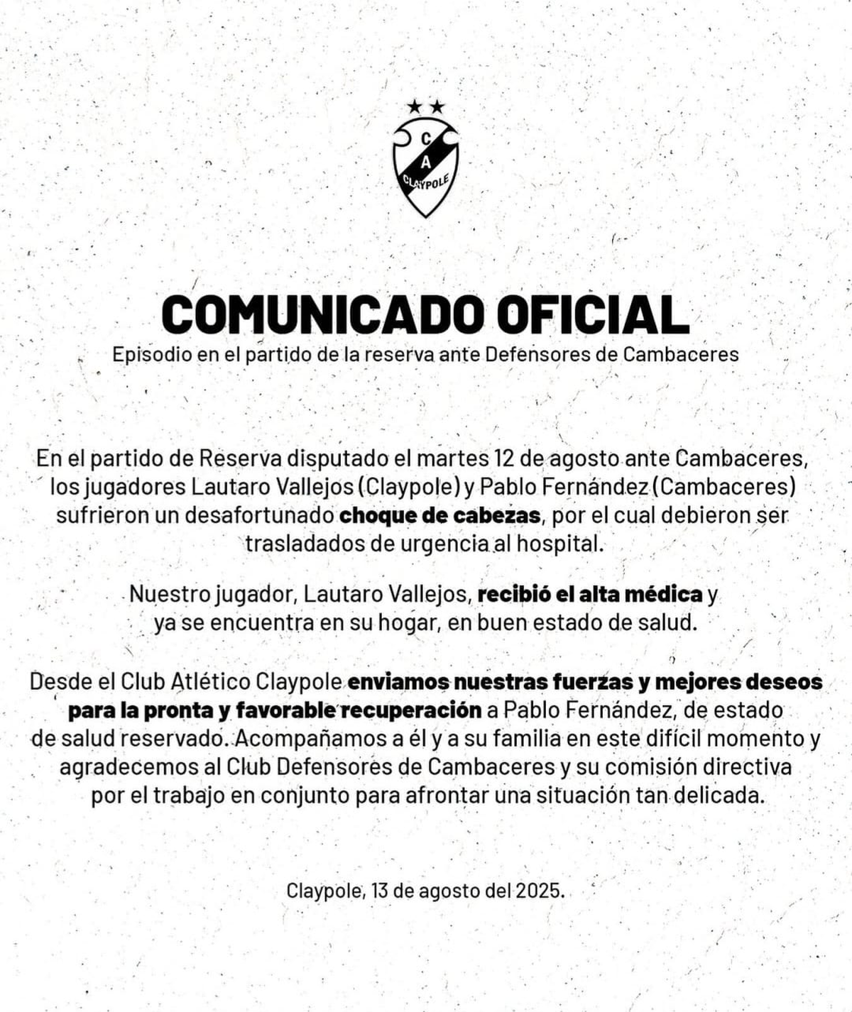 El comunicado que lanzó Claypole luego del choque entre ambos jugadores.