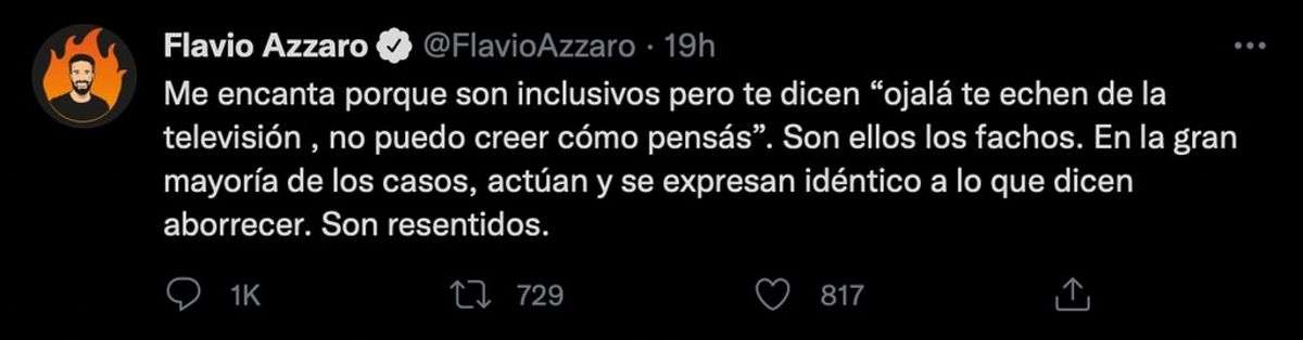 Tuit de Flavio Azzaro tras sus dichos sobre la comunidad.