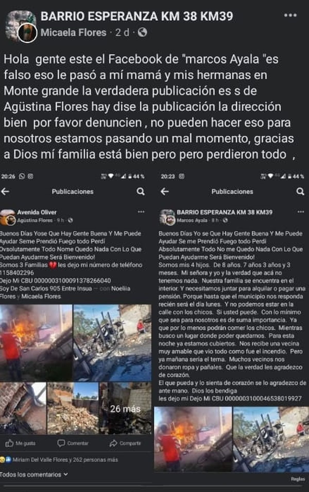La familia de Monte Grande advirtió en sus redes sociales sobre la estafa del hombre, que utilizó las imágenes del siniestro para pedir dinero.