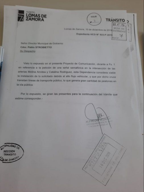La Dirección de Tránsito de Lomas de Zamora aprobó la colocación del semáforo en diciembre de 2019.
