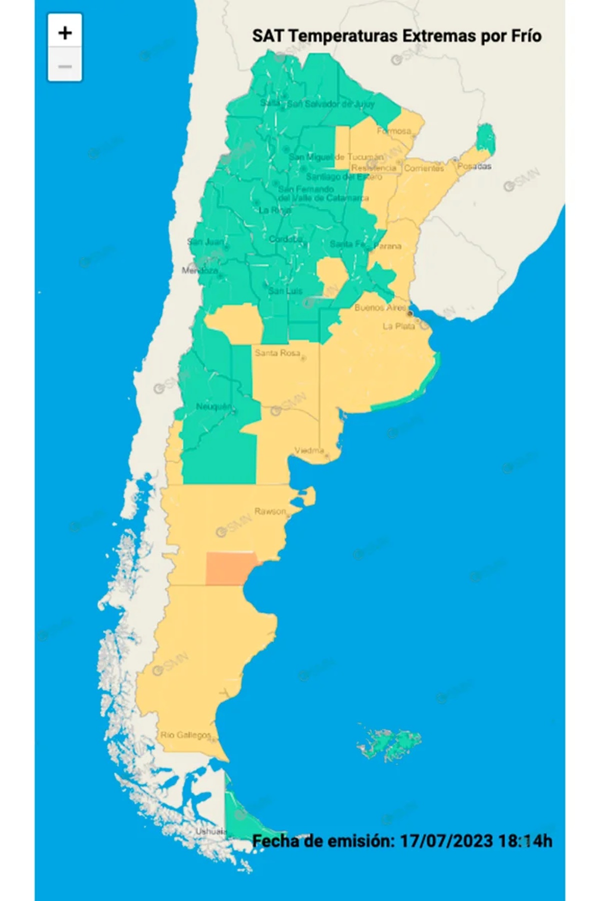 La alerta amarilla por temperaturas extremas de frío rige en Buenos Aires y otras 15 provincias. 