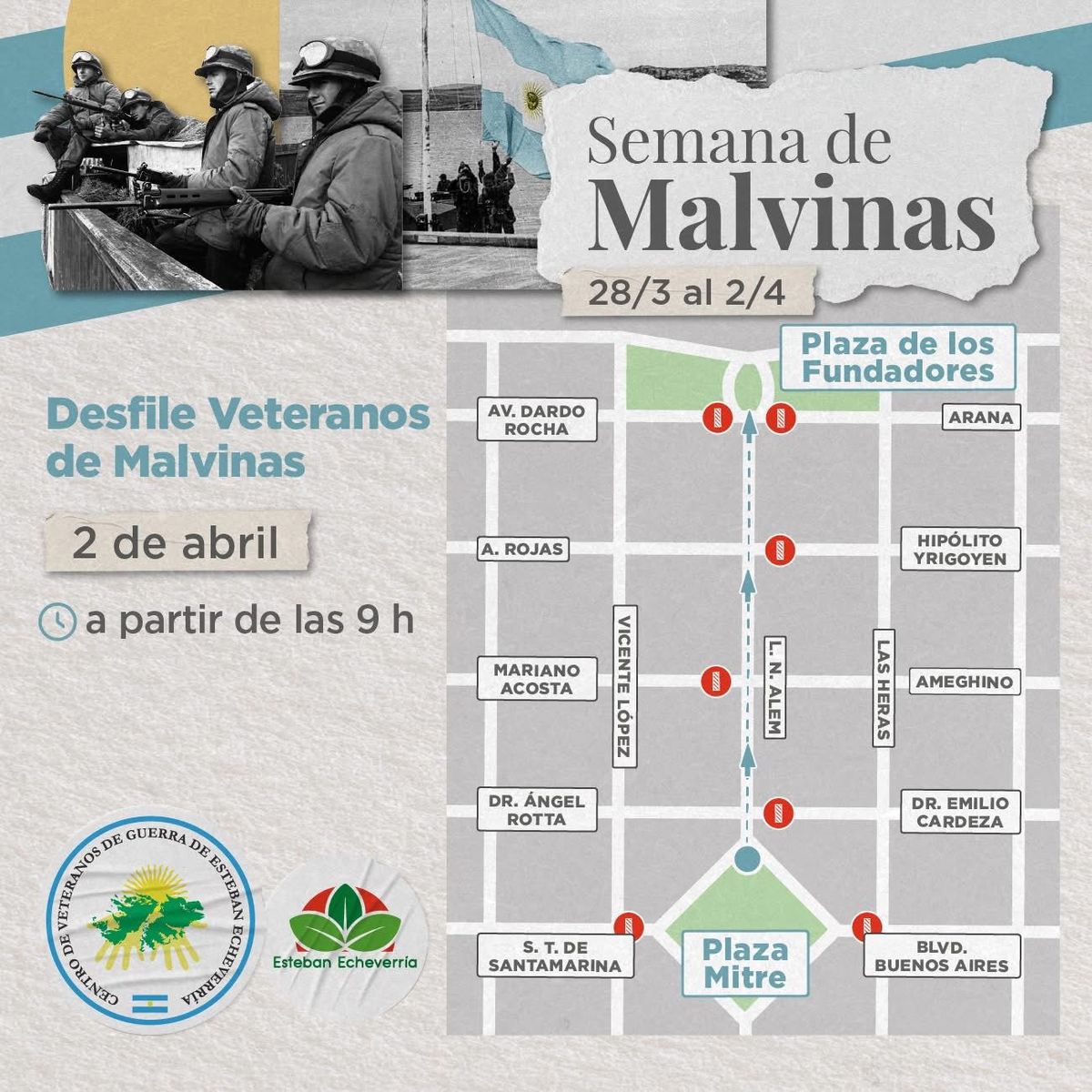 Cortes de tránsito en el centro de Monte Grande este 2 de abril por el desfile de veteranos de Malvinas, con restricciones a lo largo de la calle Leandro N. Alem entre Plaza Mitre y Plaza de los Fundadores.  
