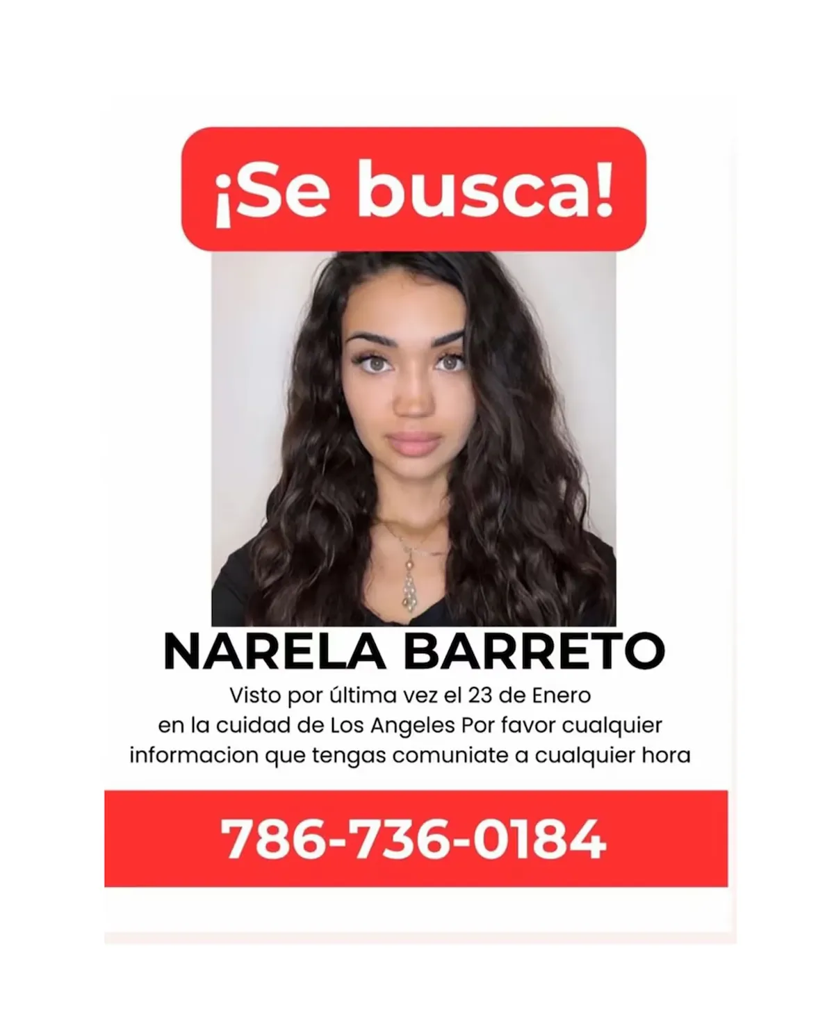 El flyer de búsqueda de Narela Barreto, la joven de 21 años y vecina de Banfield que es intensamente buscada desde el 23 de enero.