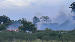 incendio de pastizales en canning: bomberos buscan evitar que el fuego llegue a un deposito de autos