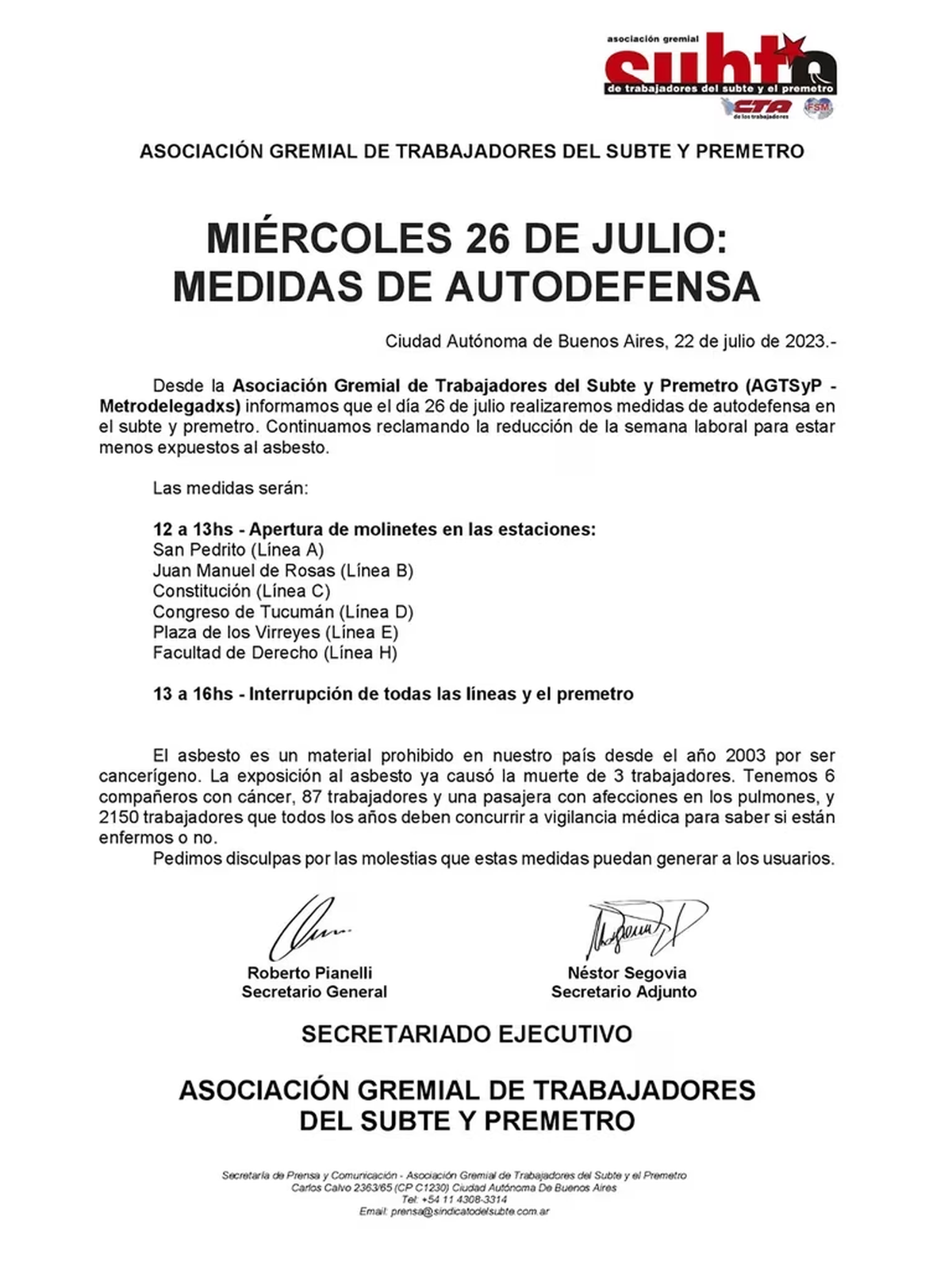 El comunicado por el cual se anunció el paro de subtes.