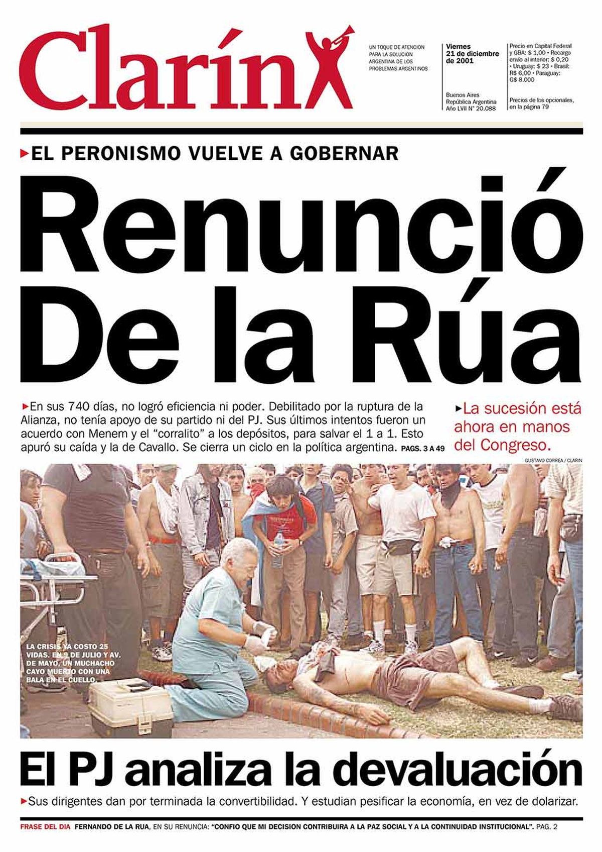 La tapa del diario Clarín del 21 de diciembre de 2001 donde apareció el enfermero de San Vicente.