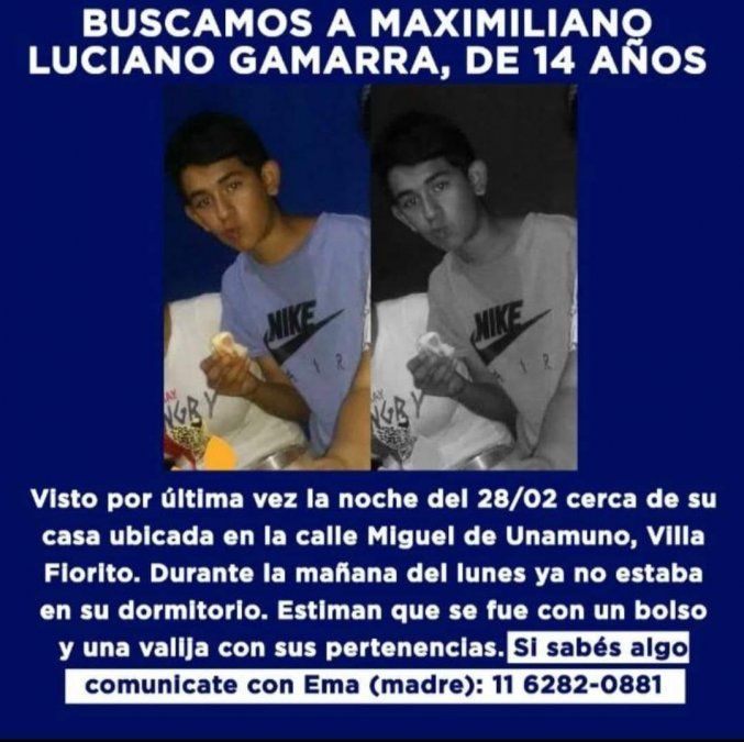 Afiche de búsqueda de Maximiliano Gamarra. Se lo vio por última vez en Villa Fiorito, Lomas de Zamora.