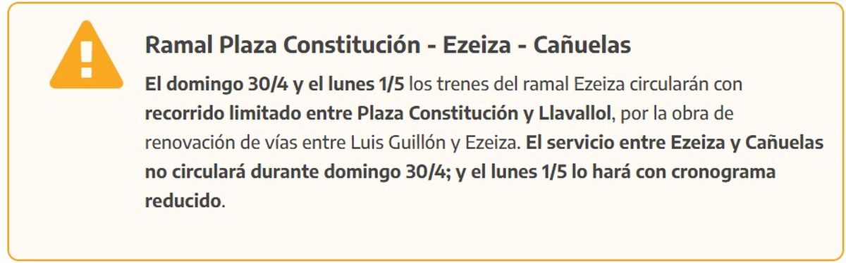 El Tren Roca ramal Ezeiza circulará de forma limitada hasta Llavallol.