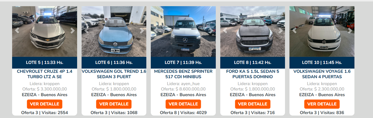 El remate también incluye varios autos, entre ellos un Chevrolet Cruze, un Volkswagen Gol y un Fiat Cronos.