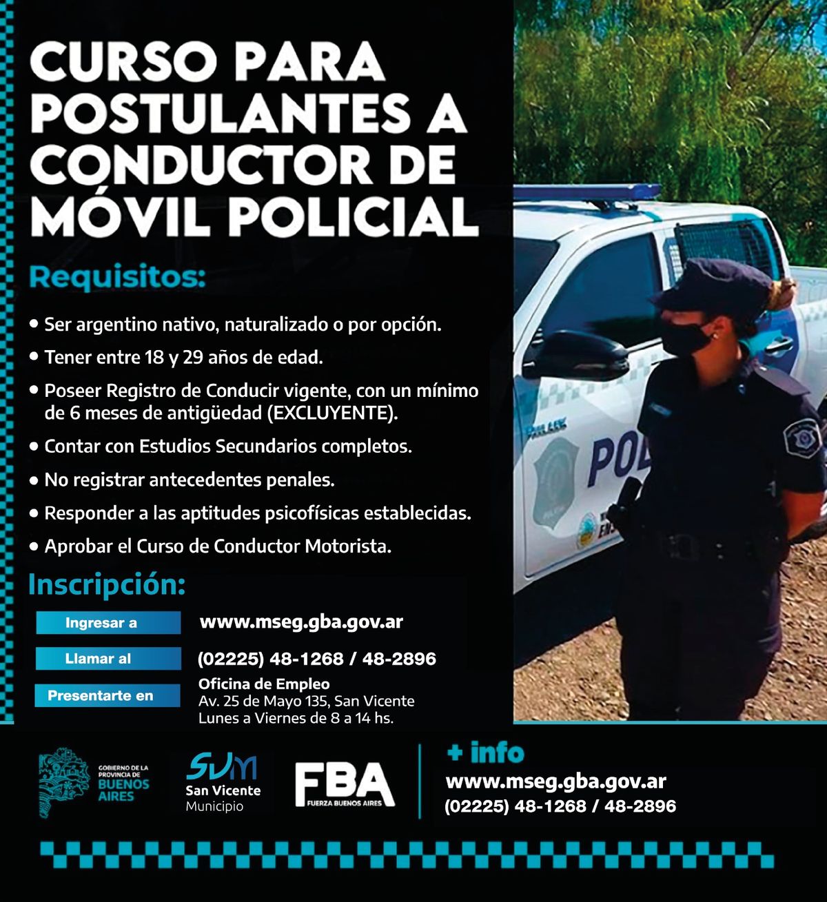 Los requisitos para postularse a conductor de móviles policiales en San Vicente.  