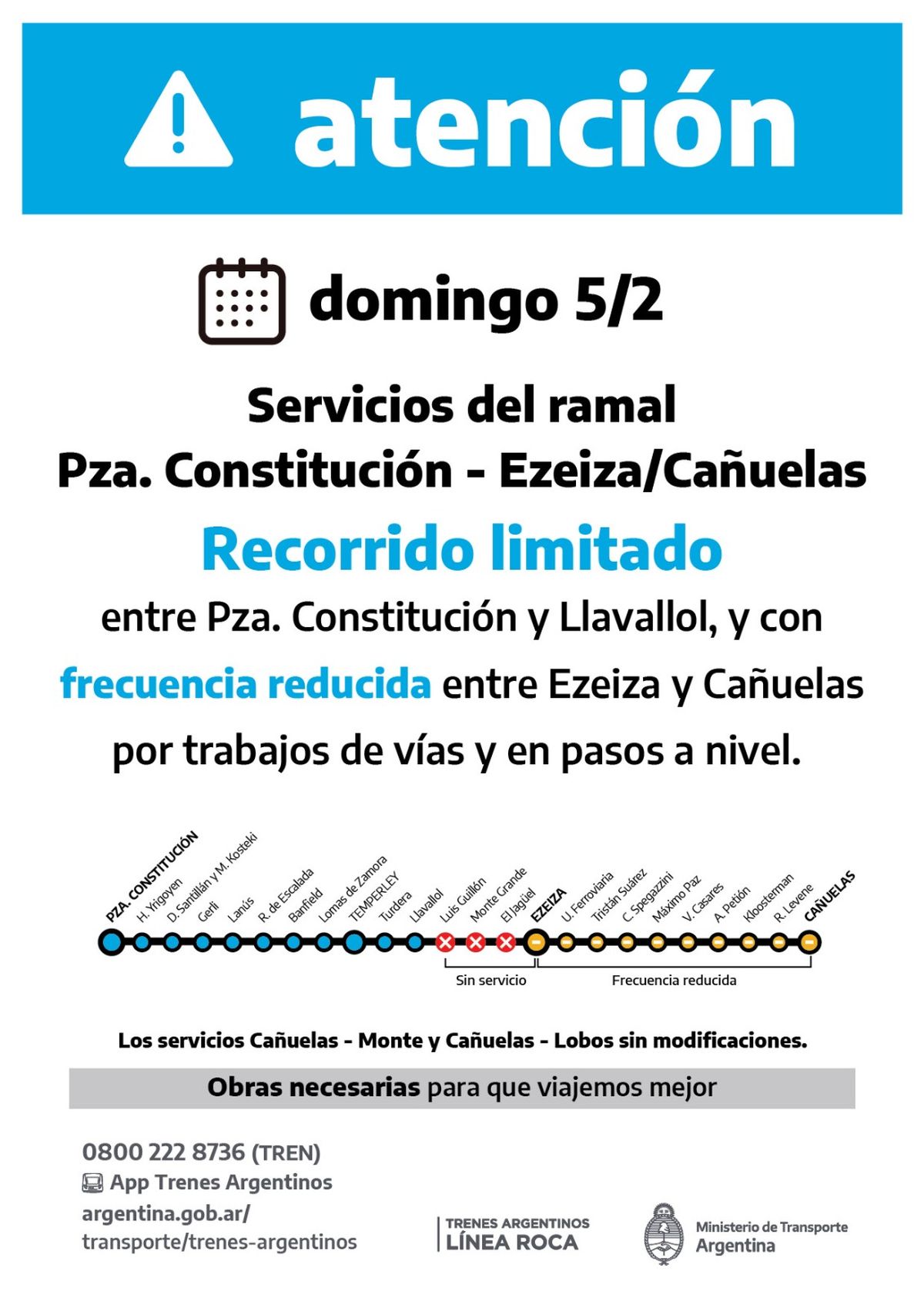 Este domingo el ramal del Tren Roca con destino a Ezeiza, circulará de forma limitada hasta Llavallol.