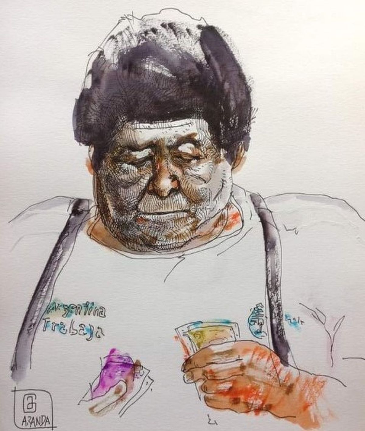 El artista de la zona Jorge Aranda recordó al vendedor del Tren Roca con una pintura.