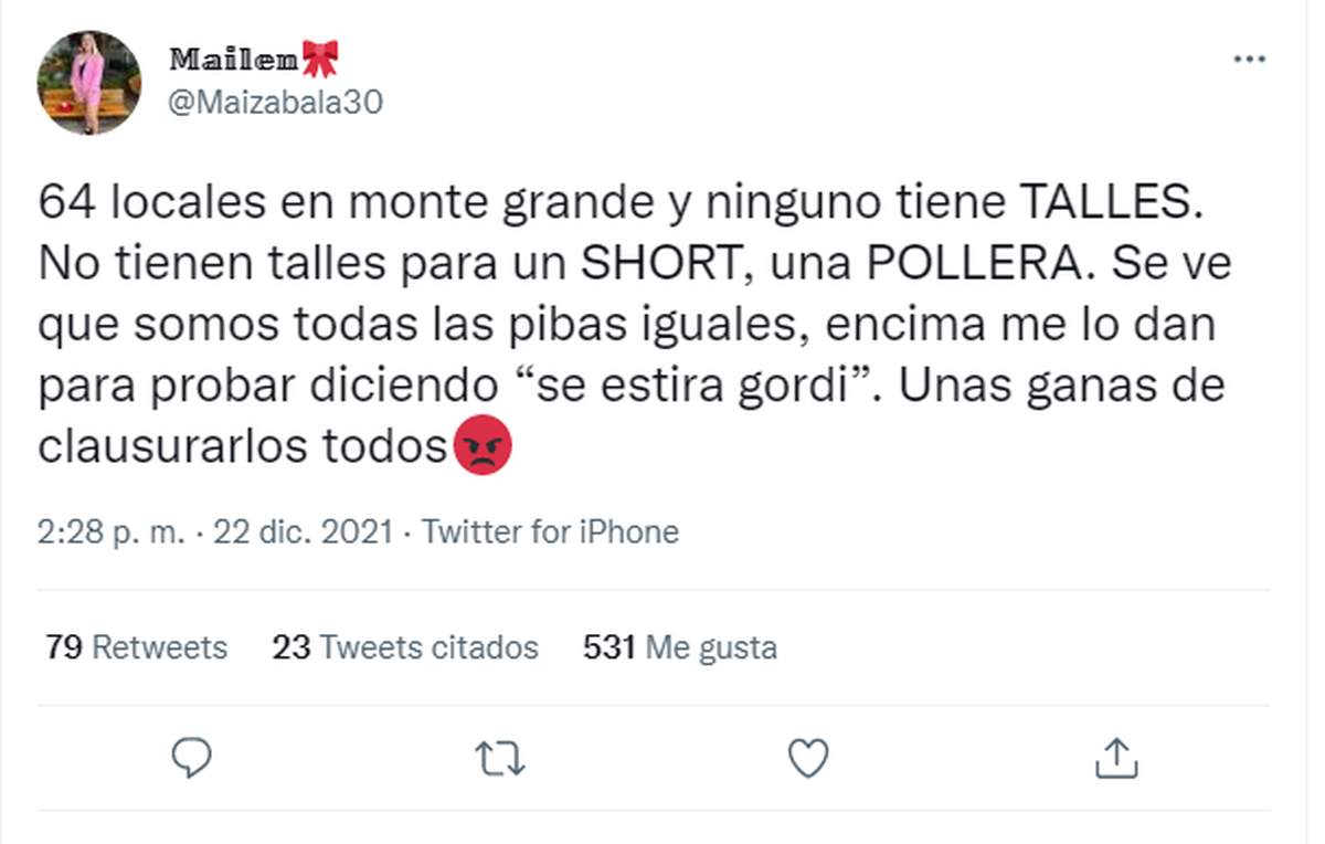El tuit de la joven de Monte Grande con el que visibilizó la problemática de la Ley de Talles en comercios de la región.
