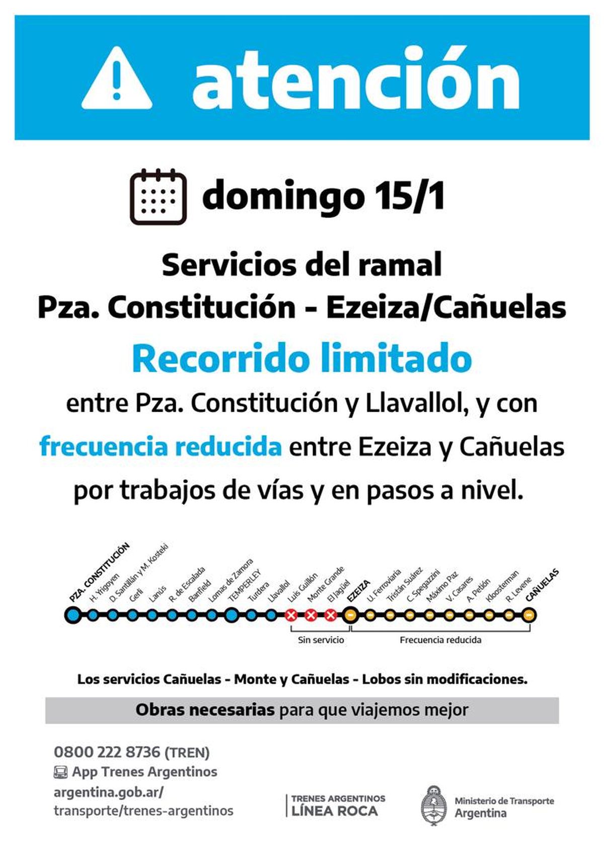 Las interrupciones previstas para este domingo en el Tren Roca.