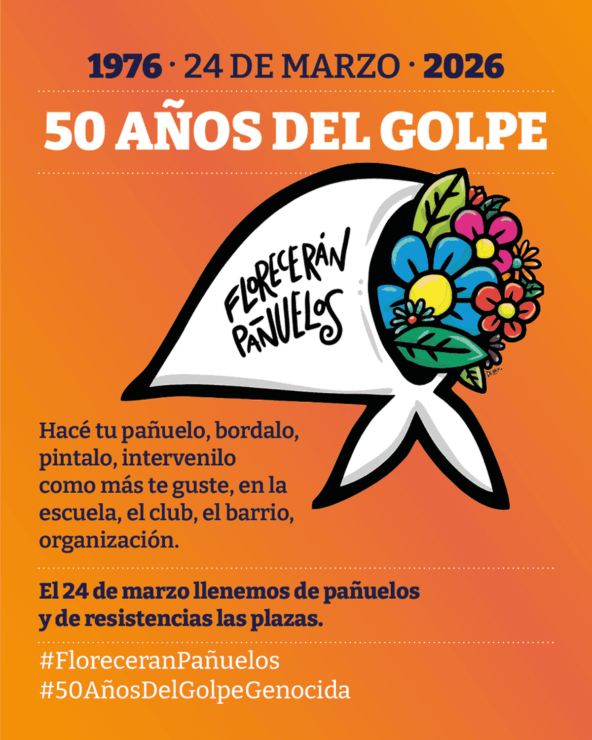La campaña “Florecerán pañuelos”, impulsada por Abuelas, convoca a intervenir pañuelos blancos en el marco de los 50 años del Golpe en Banfield.