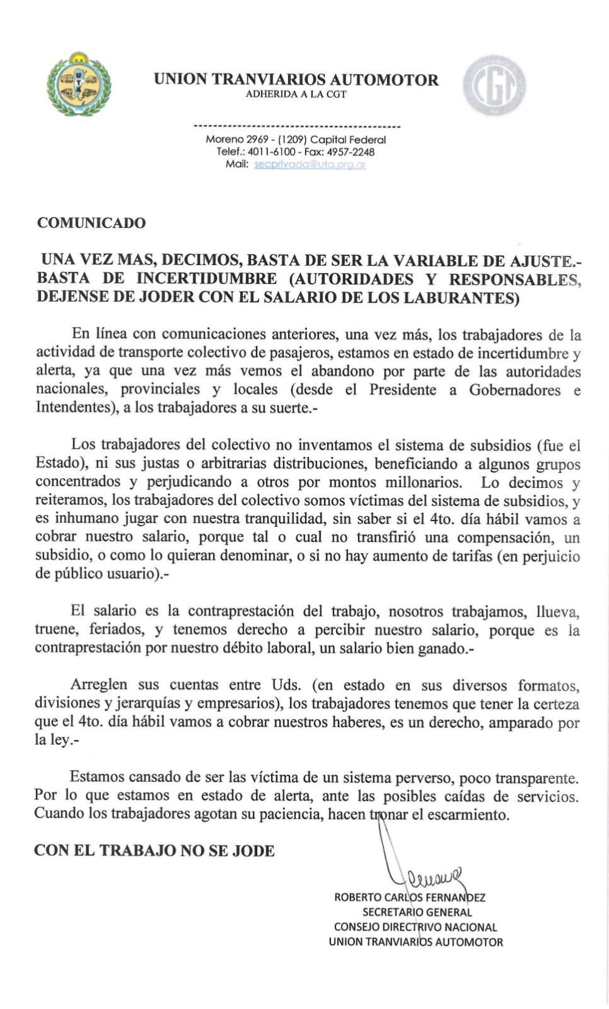 Comunicado de la Unión Tranviarios Automotor (UTA): 