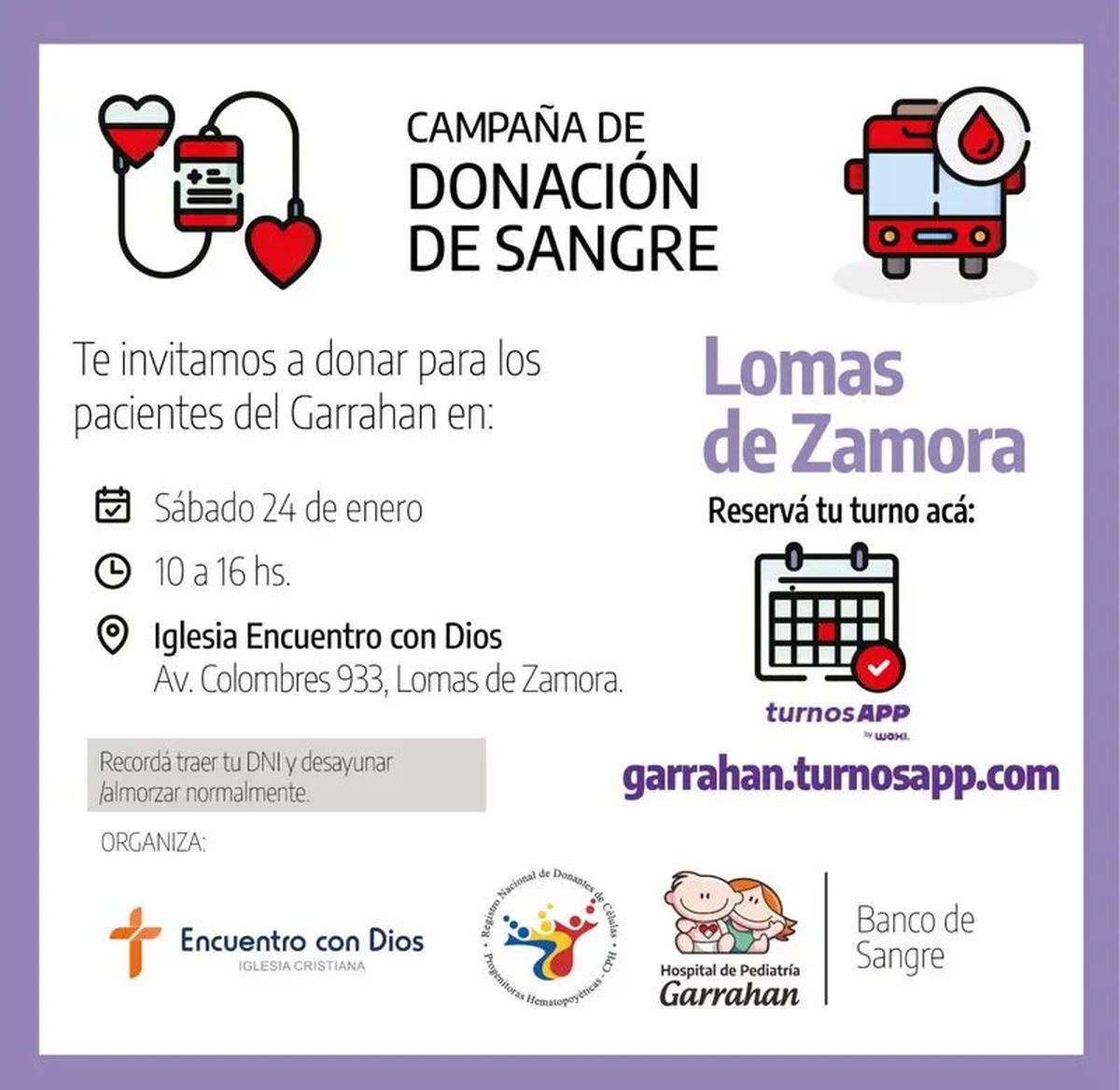 El Hospital Garrahan realizará la primera jornada de donación de sangre del año en Lomas, con turnos previos para vecinos y vecinas de la comunidad.