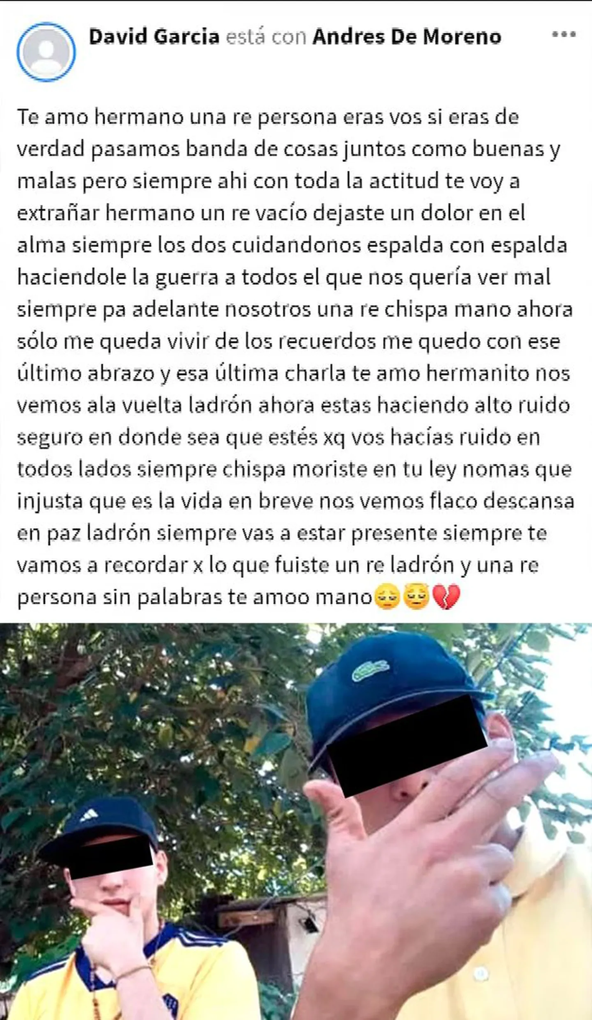 La despedida del amigo del ladrón asesinado en Moreno por Facebook.