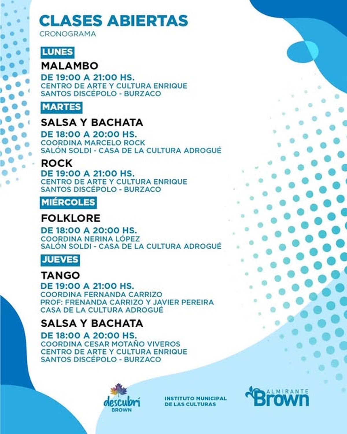 Las clases abiertas que se celebrarán en Almirante Brown. 