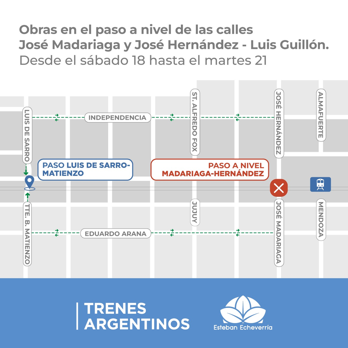 El paso a nivel de Luis Guillón estará cerrado desde el sábado 18 hasta el martes 21 de febrero.