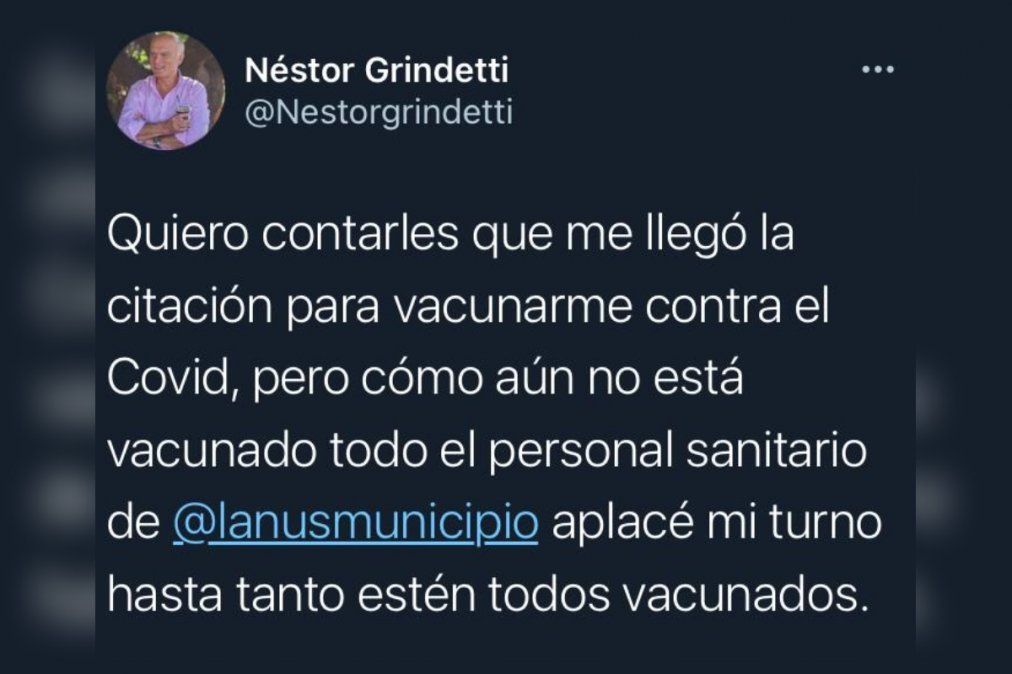 Ese fue el tweet de Nestor Grindetti.