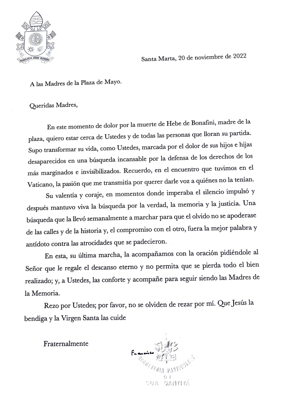 La carta del Papa a las Madres de Plaza de Mayo, tras la muerte de Hebe Bonafini.&nbsp;