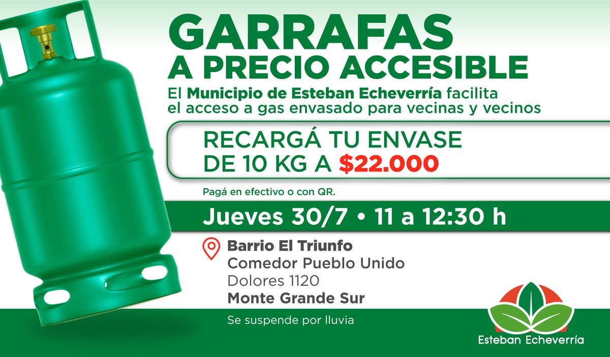 El operativo de recarga de garrafas se hará este jueves en el Barrio El Triunfo de Monte Grande. El operativo de recarga de garrafas se hará este jueves en el Barrio El Triunfo de Monte Grande.