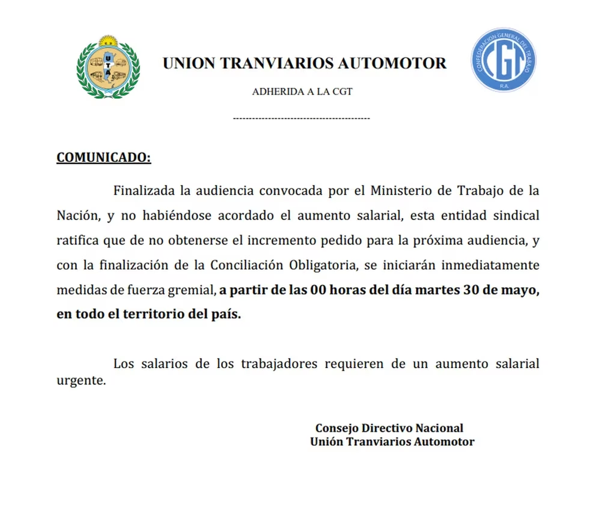 El comunicado de la UTA en el que se declara una huelga de colectivos para el 30 de mayo próximo.