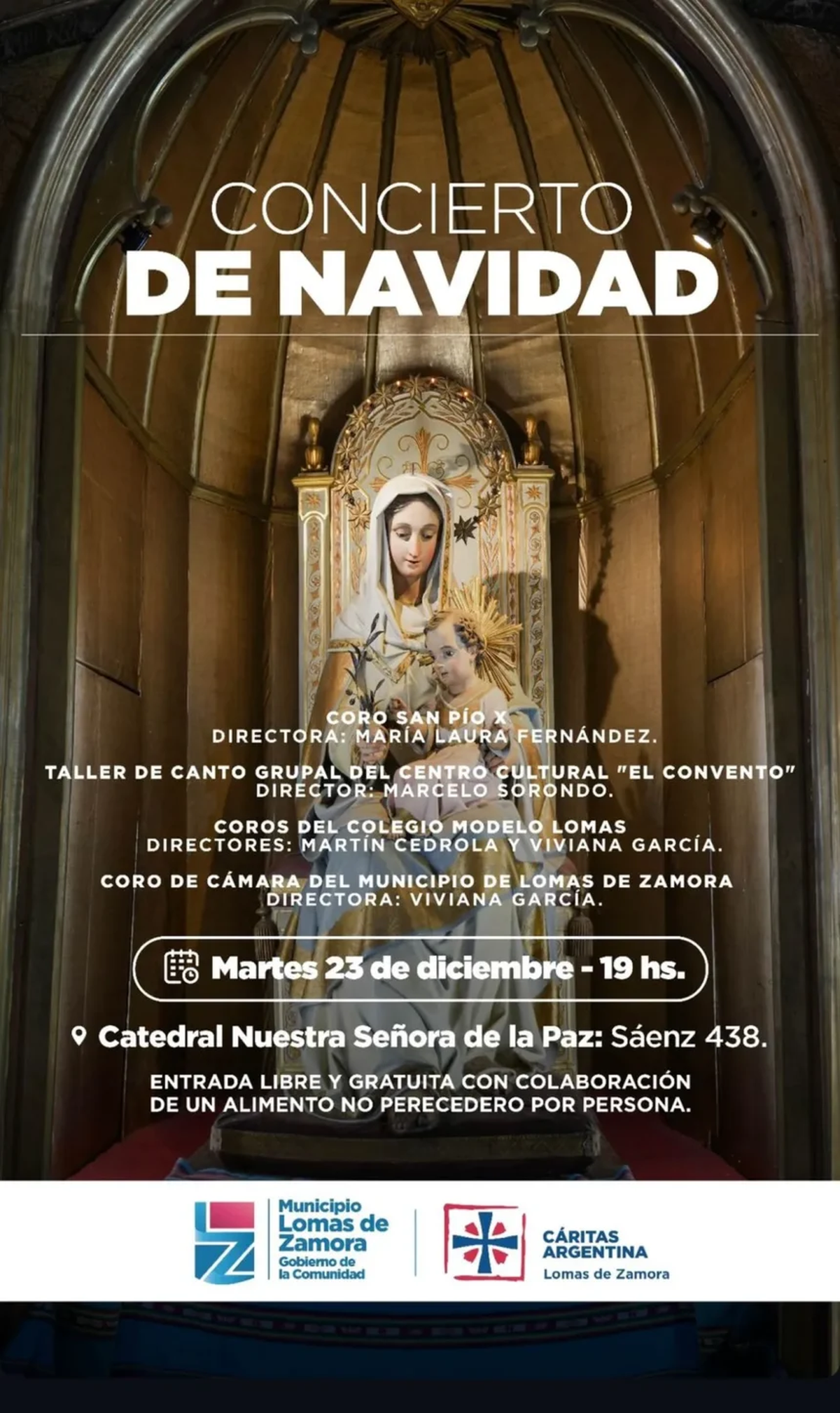 El concierto de Navidad que se realizará frente a la Catedral de Lomas. 