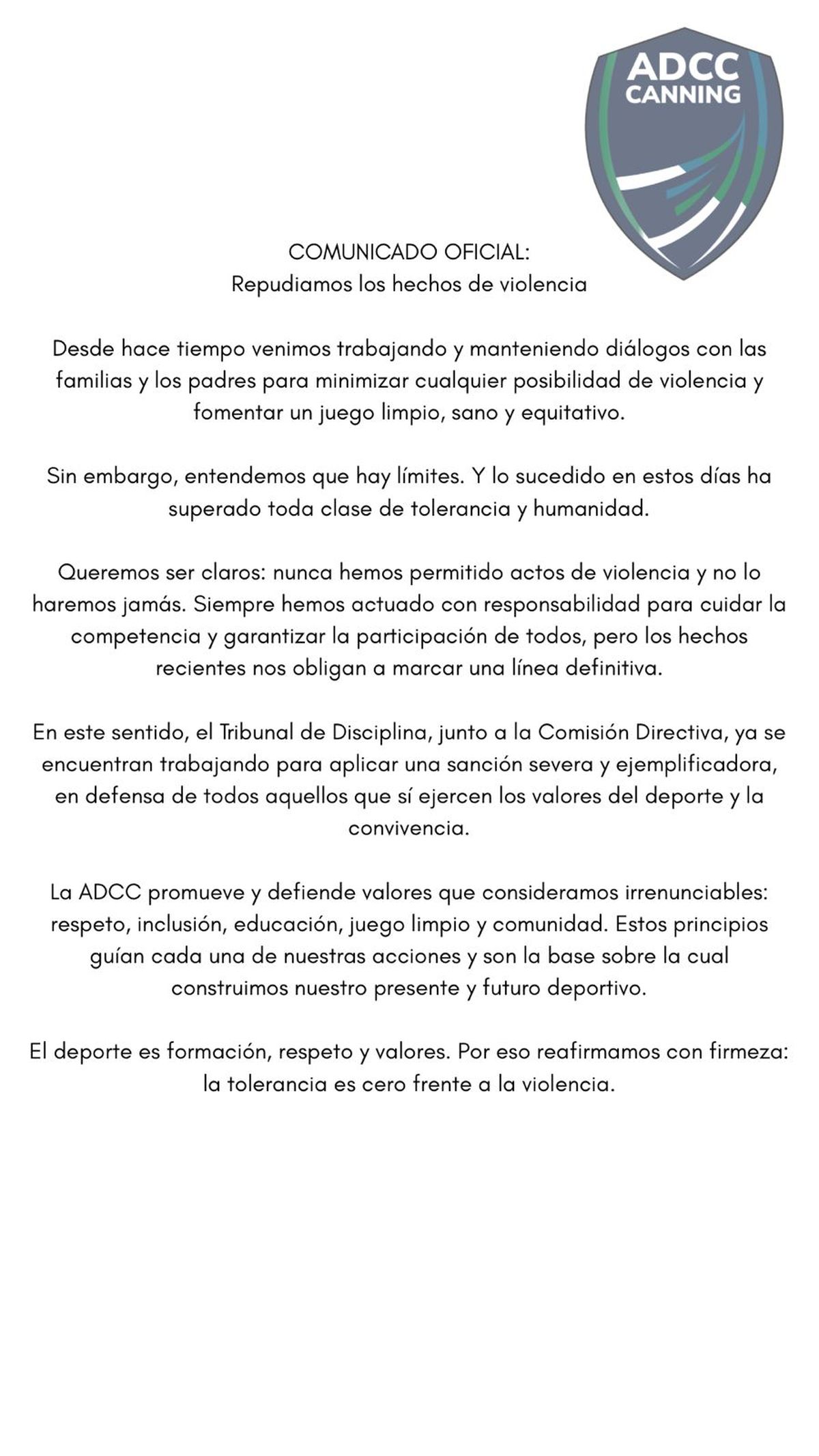 El comunicado de la ADCC en Canning.