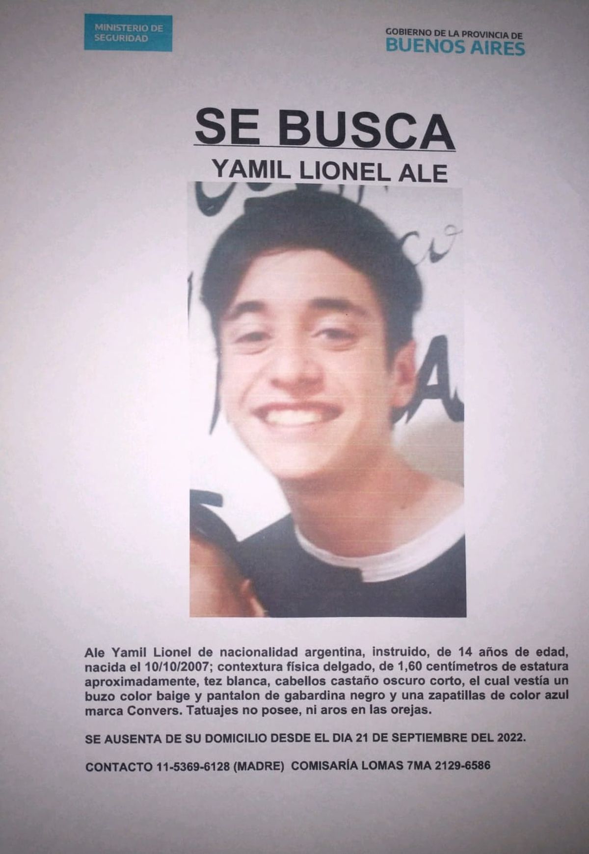 Yamil Al, el menor desaparecido en Lomas de Zamora, es búscado intensamente por su familia.