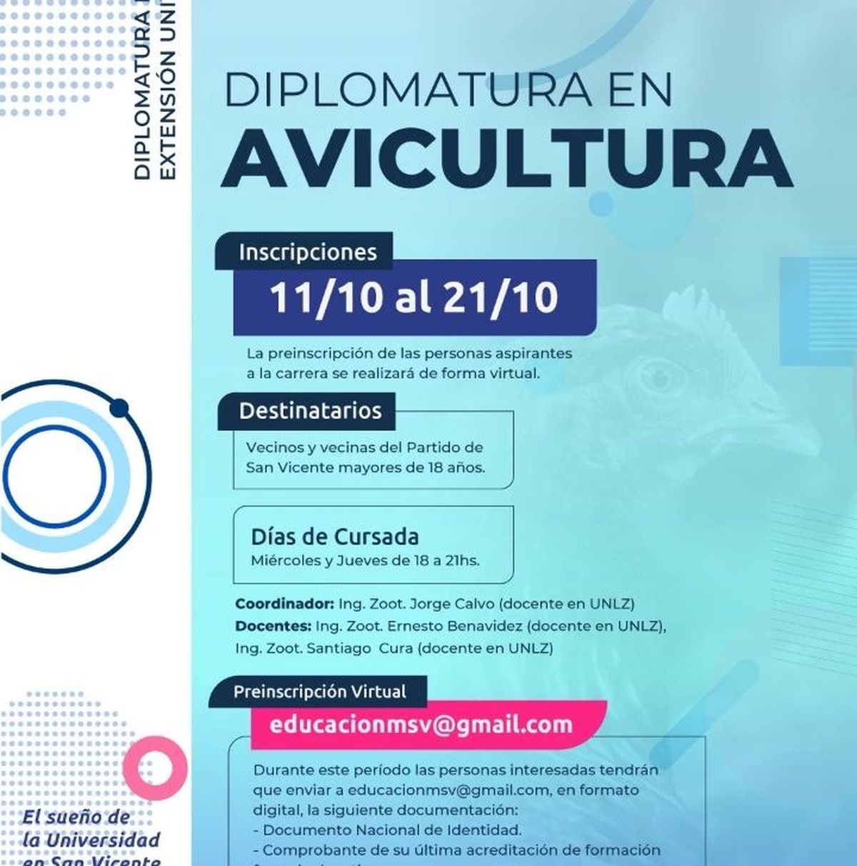 El municipio de San Vicente y la Facultad de Ciencias Agrarias de la UNLZ abrieron las inscripciones para la Diplomatura en Avicultura.
