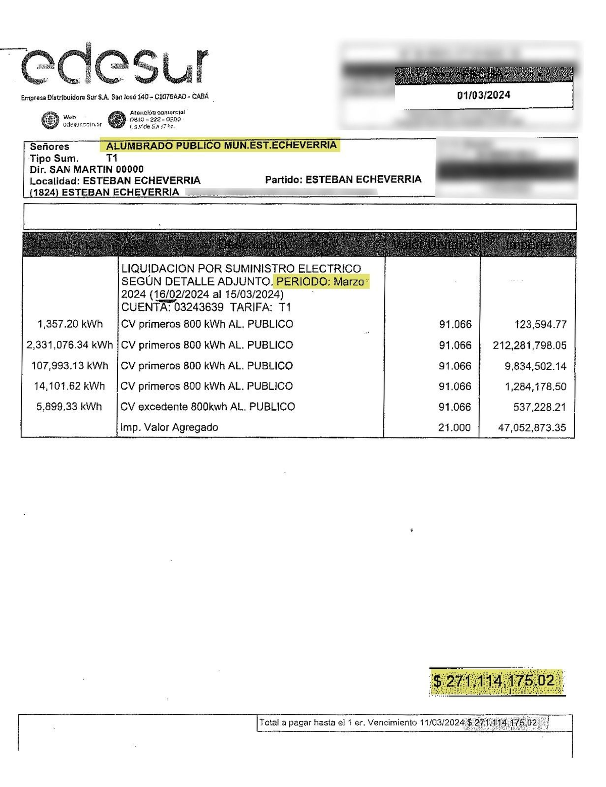 La factura correspondiente a marzo tuvo un aumento del 382%.
