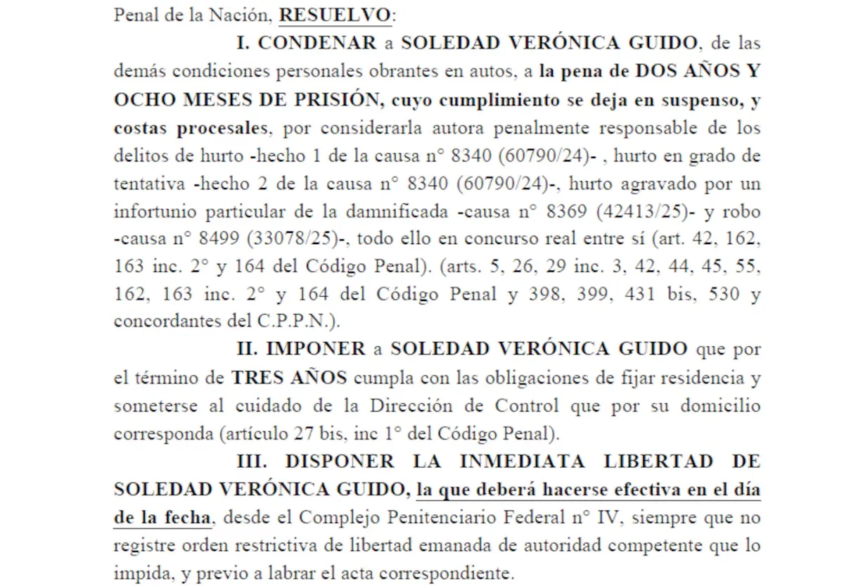 La condena acordada en juicio abreviado para Soledad Verónica Guido, oriunda de Lomas de Zamora, por robos cometidos mientras trabajaba como cuidadora domiciliaria.