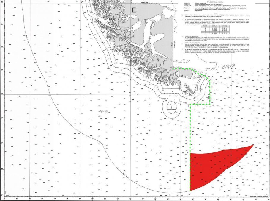 Imagen difundida por Cancillería sobre los límites marítimos que intenta apropiarse Chile 