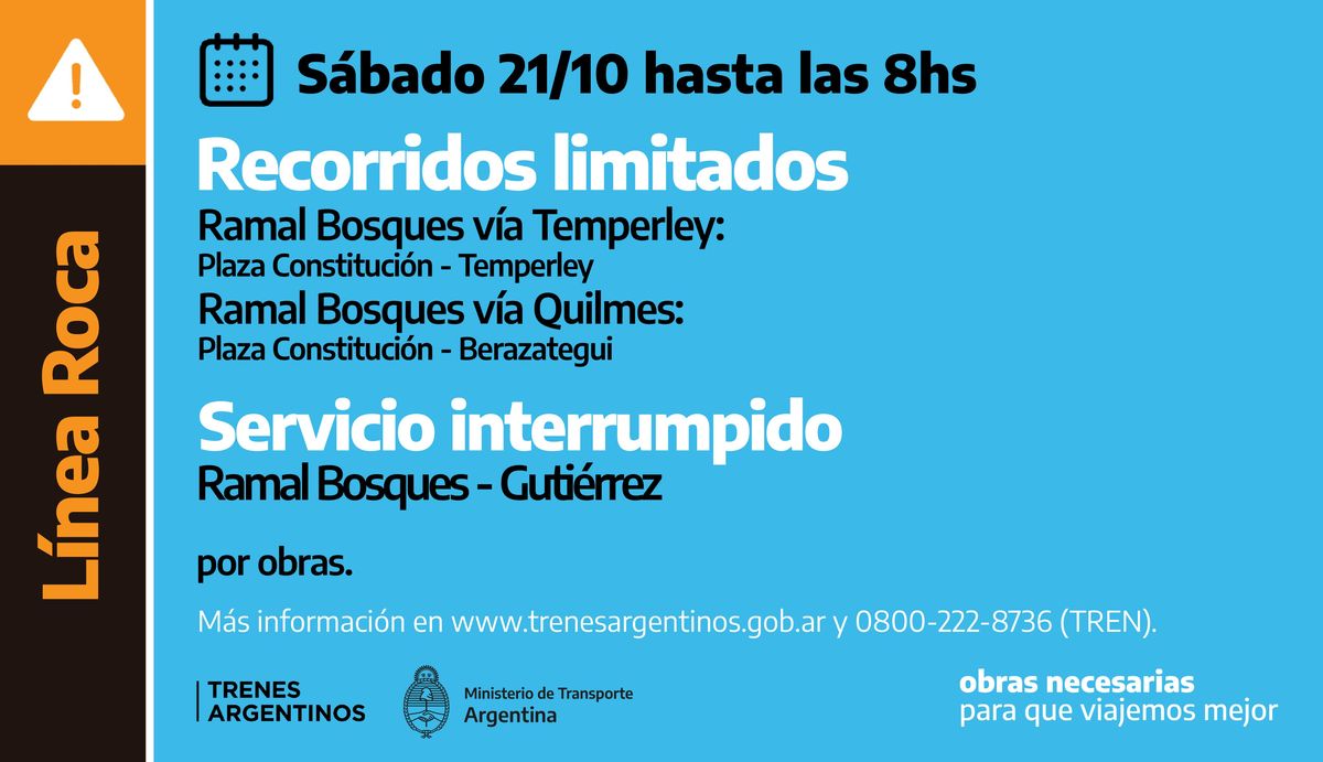 Los servicios del Tren Roca que sufrirán cambios el sábado.