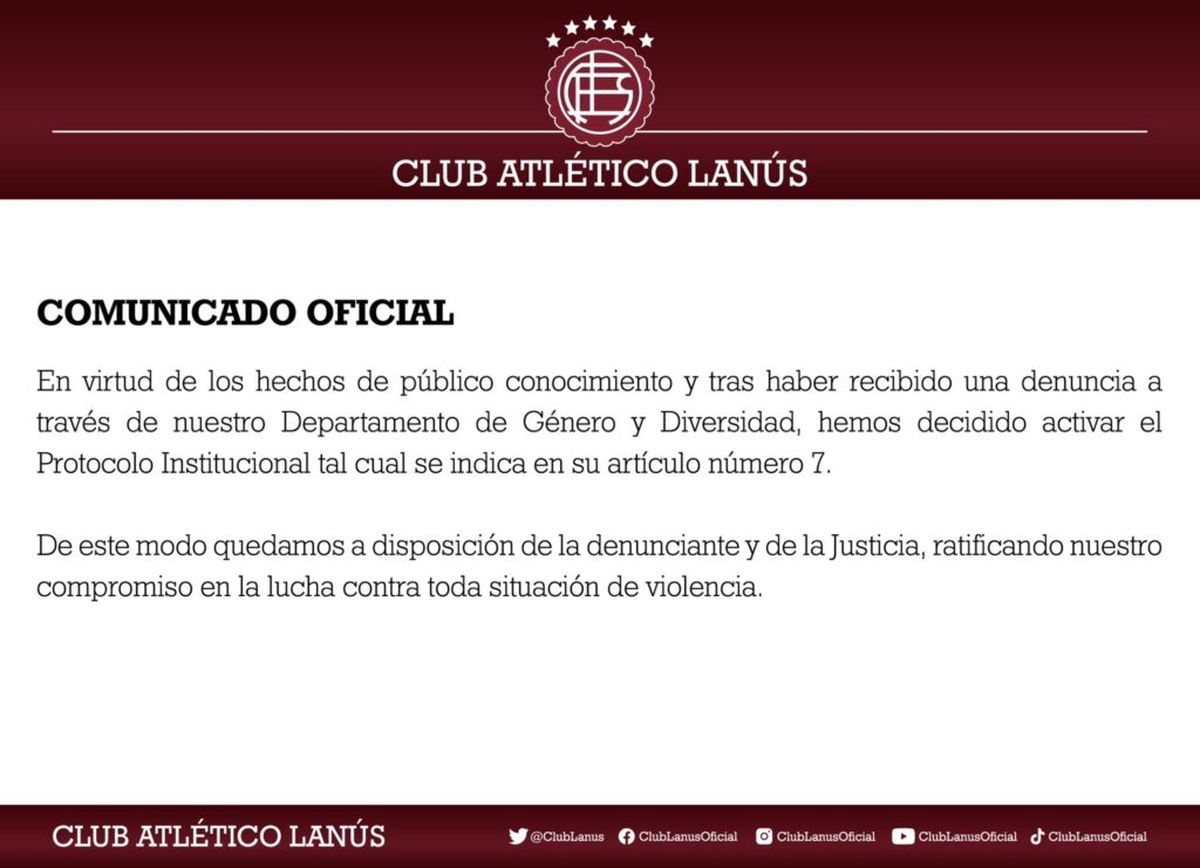 El comunicado de Lanús sobre la situación de Lautaro Acosta.
