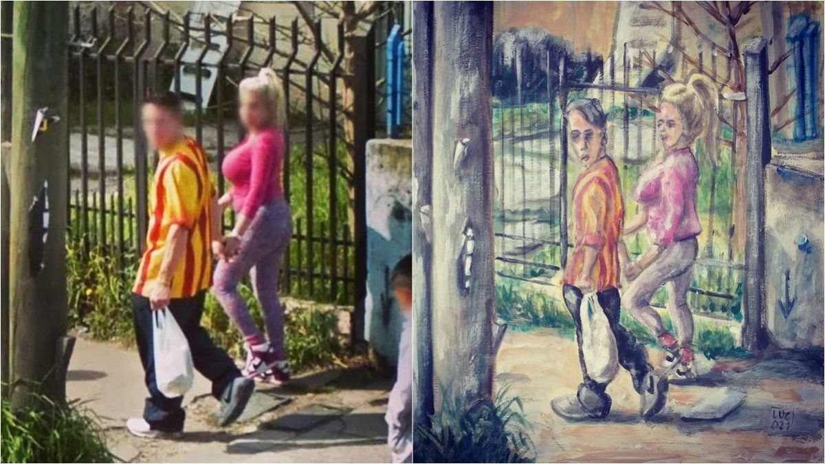 Una pareja caminando. Luciano dibujó sus caras.