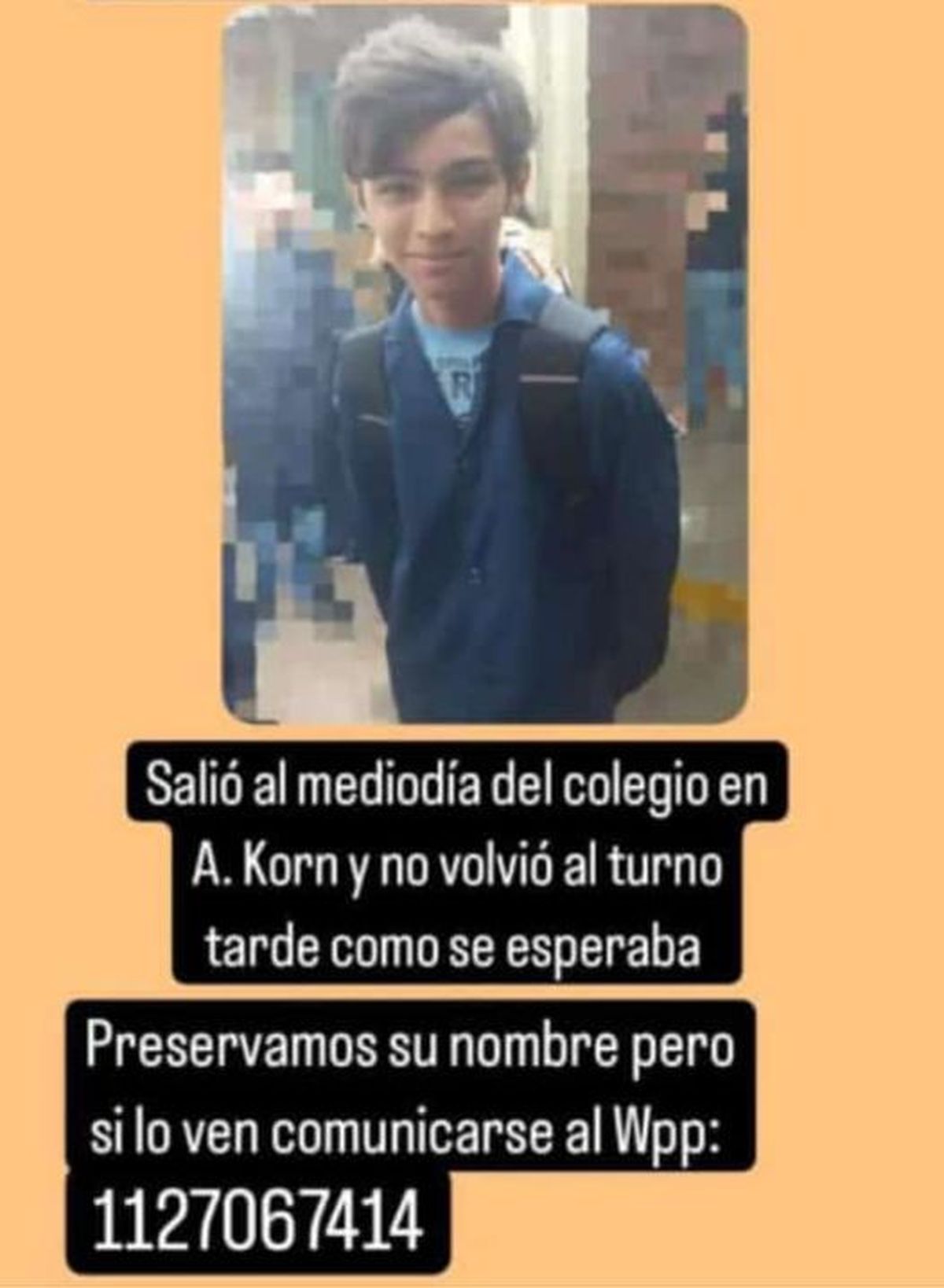 Emiliano salió del colegio al mediodía en Alejandro Korn y no se supo más nada sobre su paradero.