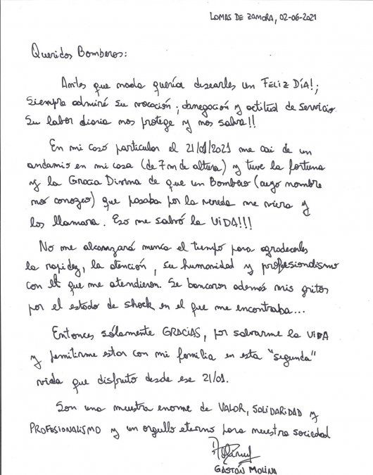 Emotiva carta de un vecino que fue salvado por los bomberos en enero.